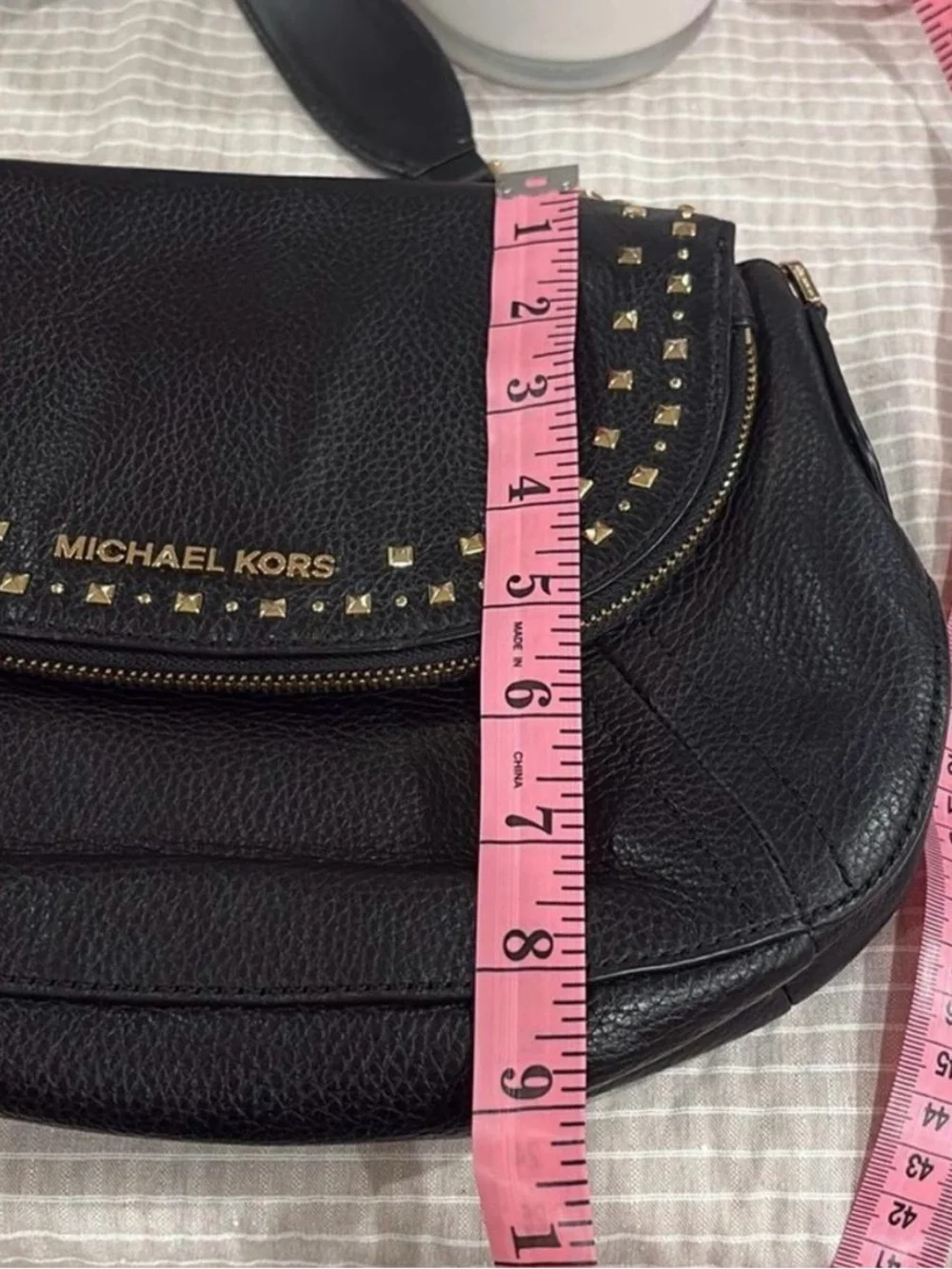 Michael Kors Aria Black Leather Studded Shoulder Bag with Gold Hardware